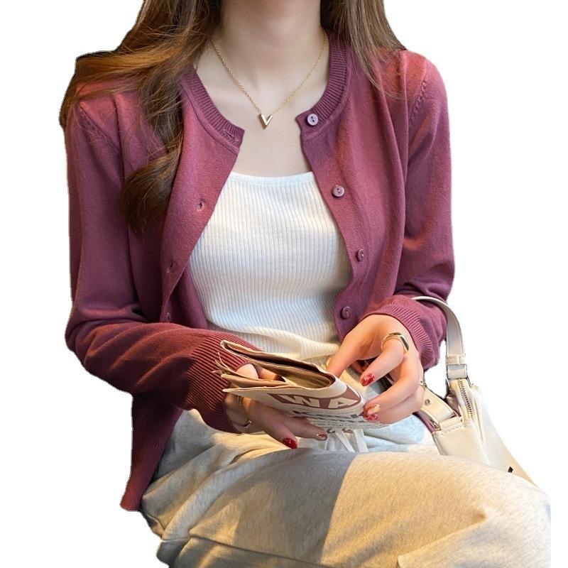 Spring and Autumn Long Sleeved Cardigan Women's Knitted Jacket Fashion Thin Sweater 2025 Elegant O Neck Slim Fit Solid Color New Short Coats Clothing