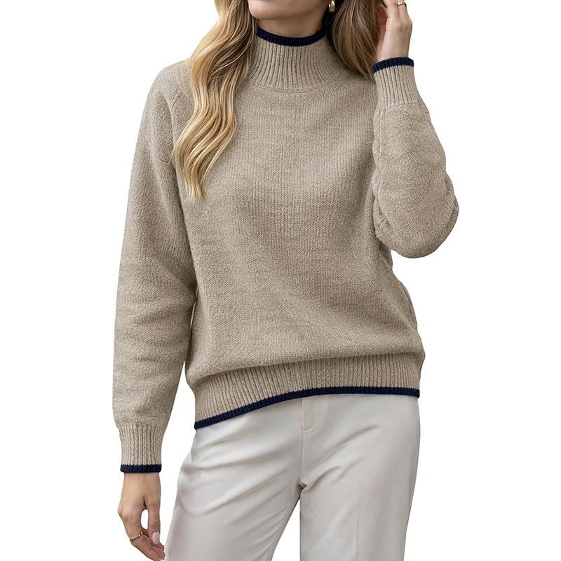 Women Half Turtleneck Color Block Long Sleeve Knitted Loose Pullover Sweater Casual Bottoming Top