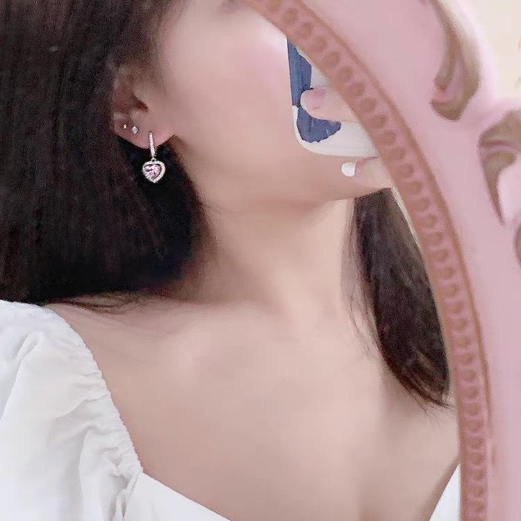 Pink love zircon earrings women's earrings style high-end temperament pendant ear jewelry