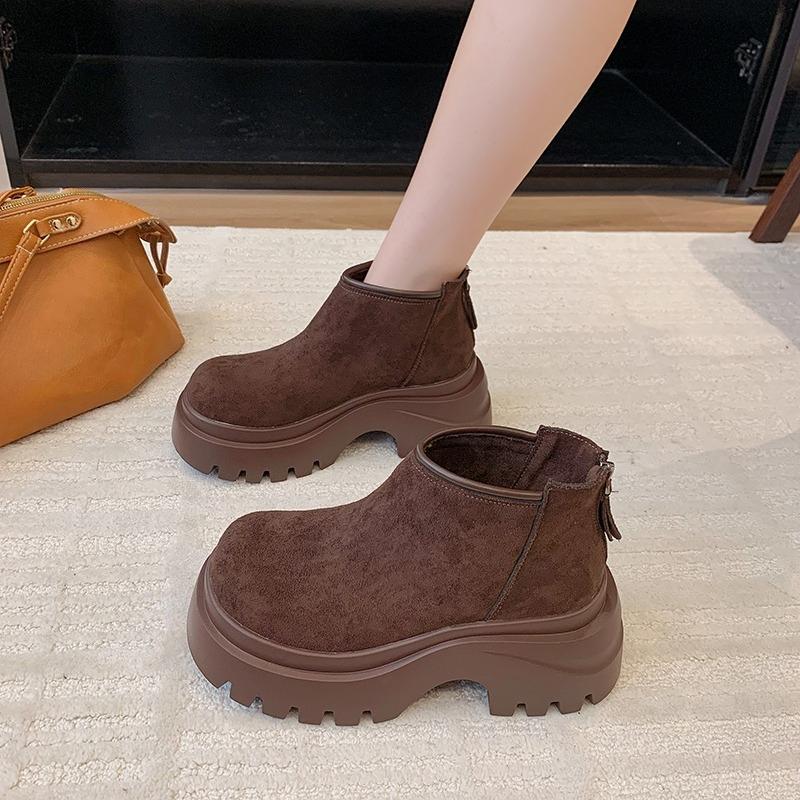 Platform Block Heel Single Boots Autumn New Round Toe Suede Rear Zipper Anti-Slip Wear-Resistant Short-Thigh Boots