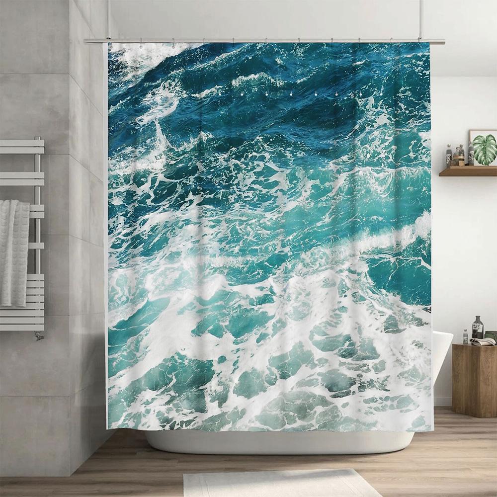 Ocean Wave Shower Curtain Blue Sea Beach Bathroom Decor Waterproof Fabric Liner Backdrop