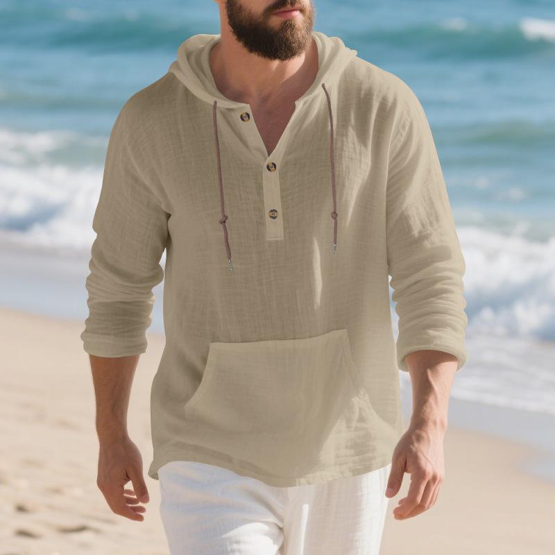 Men's Autumn Sports Casual Long-Sleeved Shirt Cotton-Linen Blend Hooded Pullover Sweatshirt Versatile Loose-Fit Beach T-Shirt