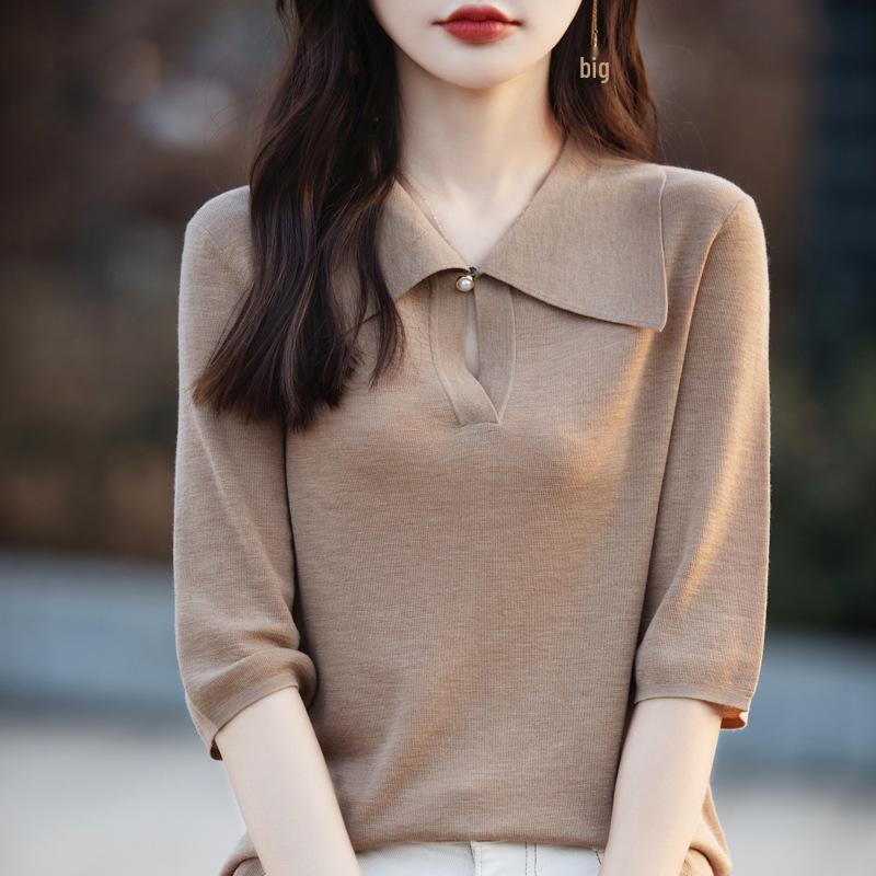 Women's 80s Merino Wool Mid-Sleeve Sweater – Thin, Loose, Turn-Down Collar Top