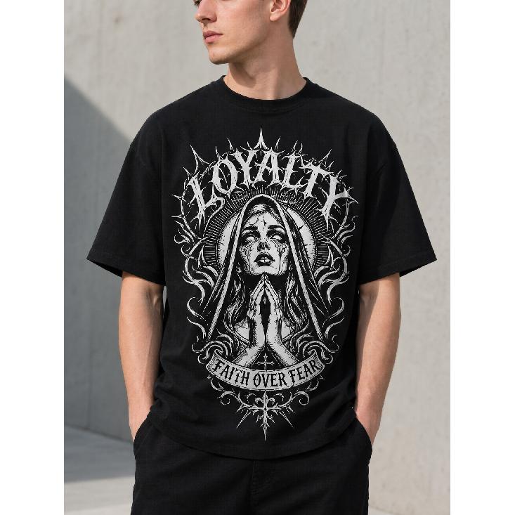 men's gothic graphic tee with praying woman design, short sleeve crew neck cotton blend relaxed fit for streetwear casual daily wear