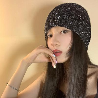 Y2k Sequined Knitted Cold Hat Women's New Early Autumn Wear a Headgear To Show Their Faces, Small Pile of Hats