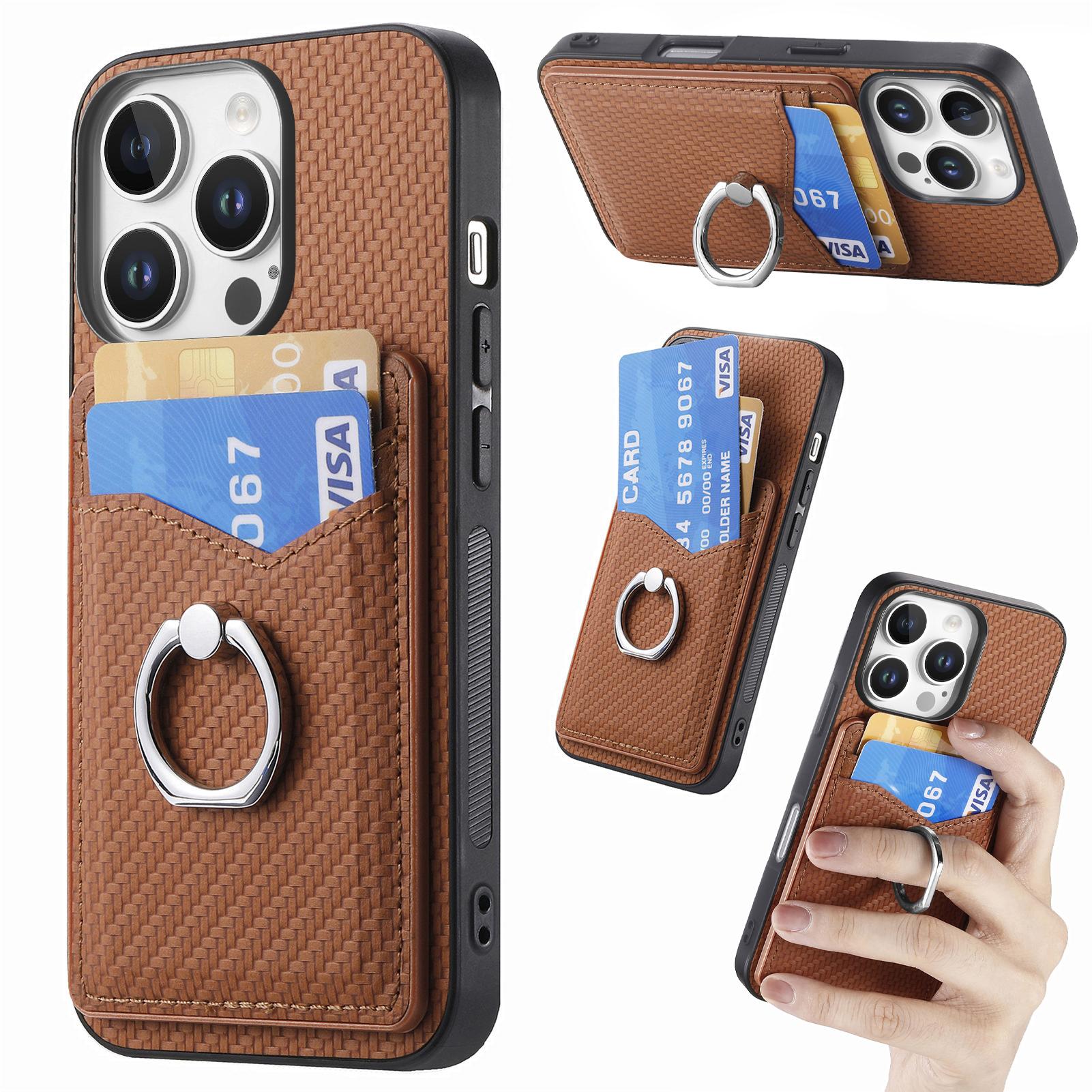 

For iPhone 16 Pro Max Case Card Slots Ring Holder Kickstand Phone Cover Brown