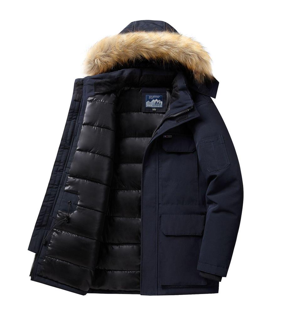 Men's Mid-Length Cotton Jacket with Fur Collar - Warm, Hooded, Windproof, Fashionable Outerwear