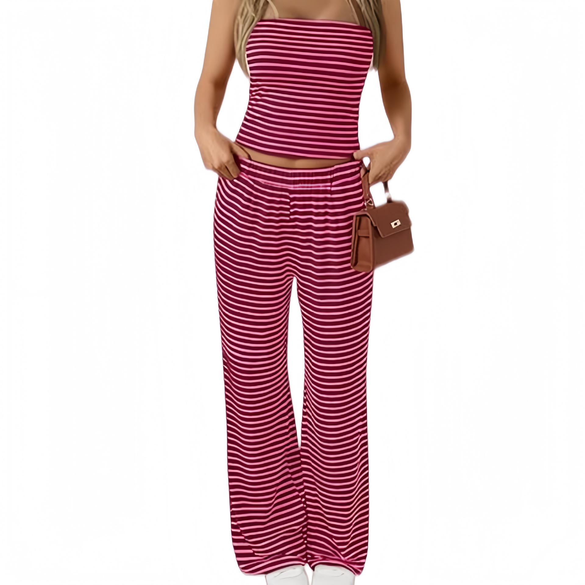 

European & American Casual Striped Bandeau Elastic Waist Long Pants Vacation Home Set (2026) Large