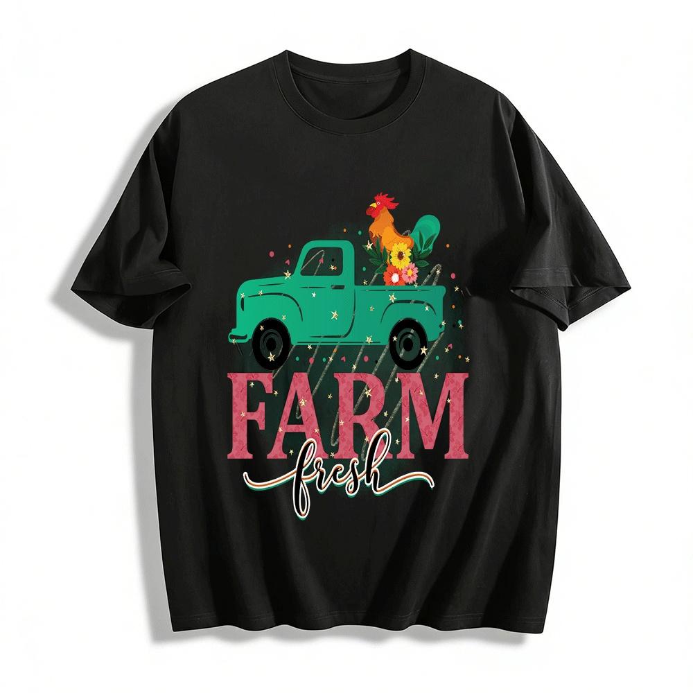 Farm Fresh Rooster Truck Graphic Casual Tee Shirt Pure cotton T-shirt XXS