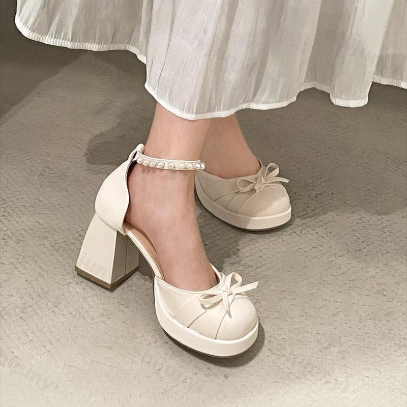 Fashion Summer Women's Sandals 2025 New Thick Heel Mary Jane Shoes Fashion Pearl Butterfly-knot Ladies High Heeled Sandals Pumps Shoes