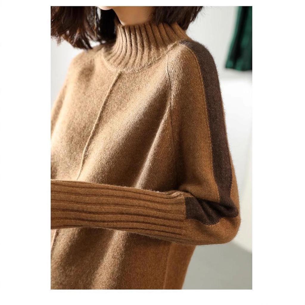 Women's Mid-Length Knitted Wool Sweater Dress with Half-High Neck and Slit – Fashionable and Loose for Autumn and Winter.