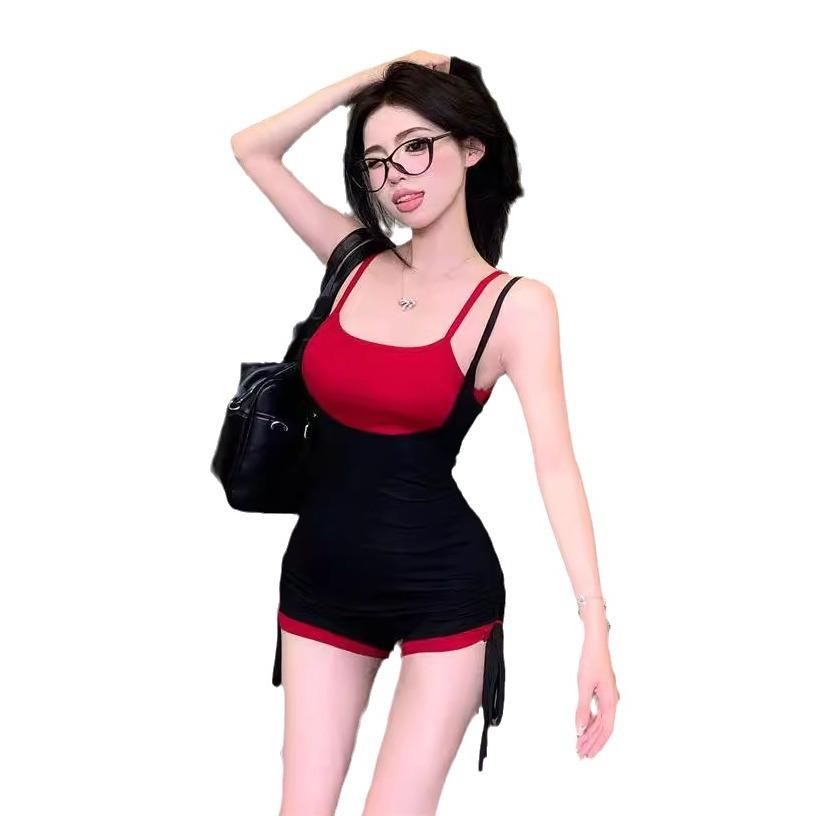 

Fake two pieces of pure lust Spice Girl contrasting color suspender onesie summer strap backless slim onesie shorts women s casual S