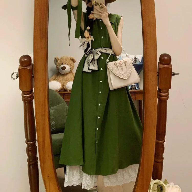 Women's French-Style Green Sleeveless Summer Vest Dress - Petite, Long, 2026 New Arrival