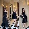 Bow temperament thin suspender dress women's spring design sense two wear super fairy waist thin dress