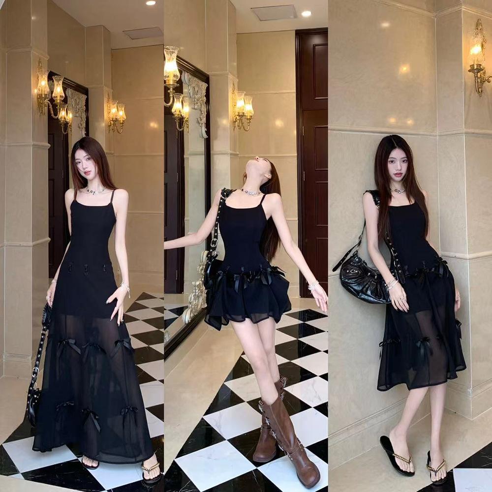 Bow temperament thin suspender dress women's spring design sense two wear super fairy waist thin dress