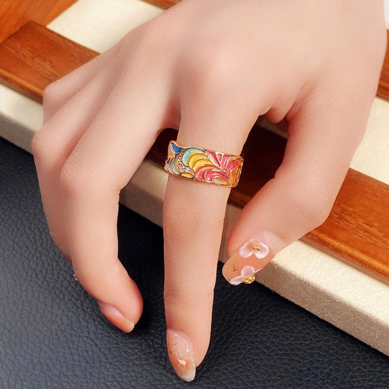Huajie Colorful Enamel Flower Light Luxury Rings for Women Gold Color Dazzling Zircon Rings Fashion  Gift