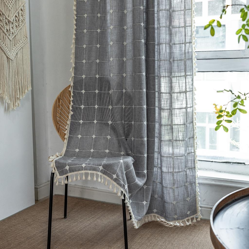 Curtain Finished Grey Plaid Embroidered Farmhouse Decorative Blackout Half Curtain Bohemian Curtain