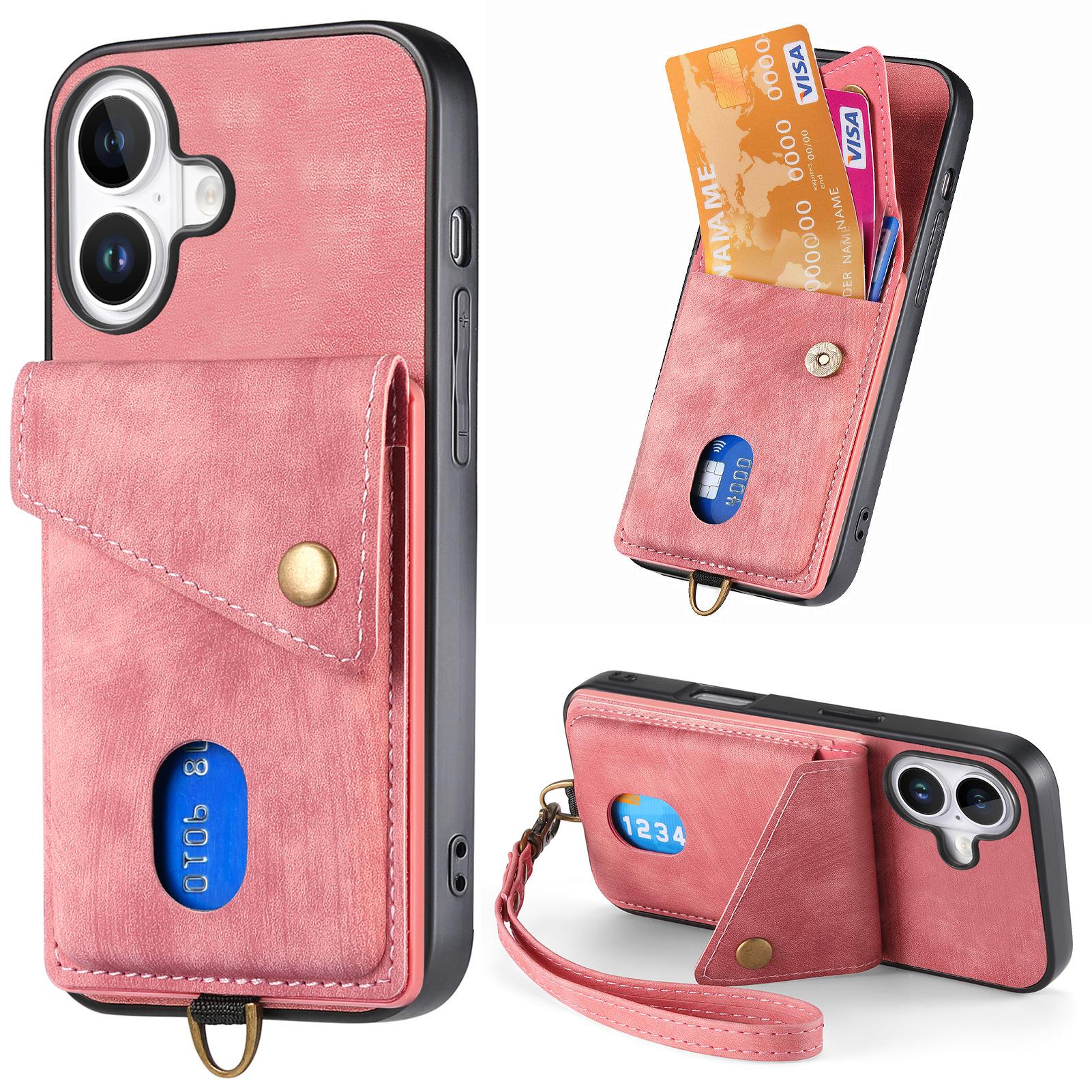 

For iPhone 16 Case with Card Slot Kickstand Leather TPU Phone Cover Pink