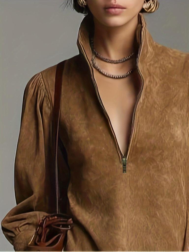 European & American Elegant Retro Solid Long Sleeve Zipper Stand Collar Dress 2025