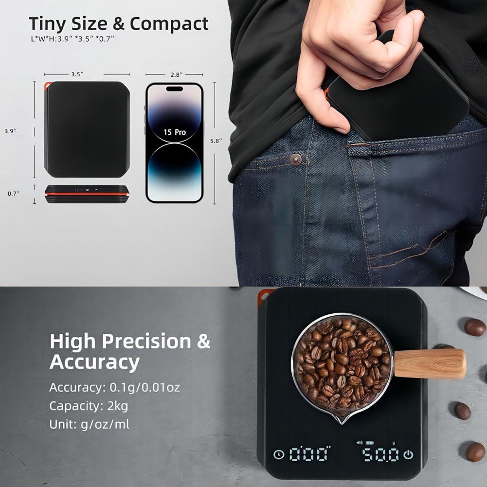 Coffee Scale with Timer 2000g/0.1g Rechargeable Espresso Scale Portable Digital Kitchen Scale with