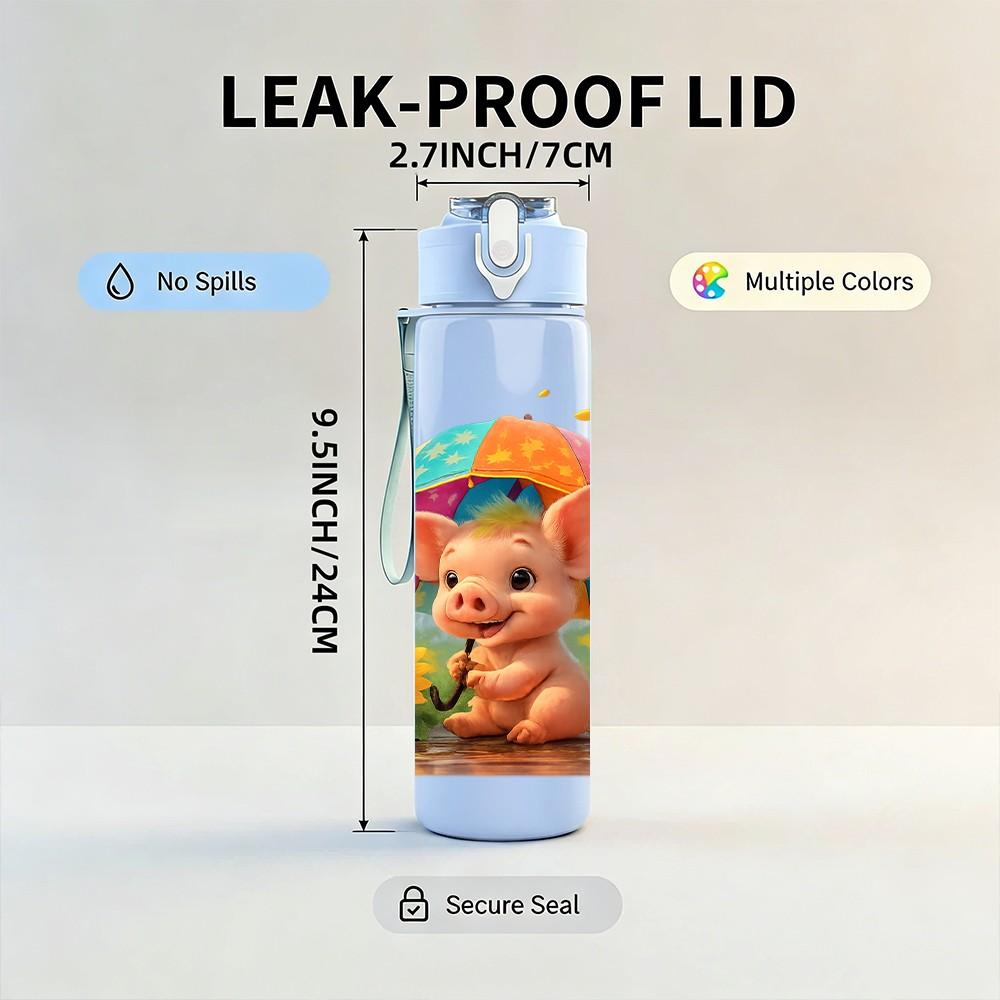 1PC Piglet Sunflower Cute Print 750ml Color Plastic Sports Water Bottle Leakproof Flip Straw Lid Suitable for Sports Office Home Use