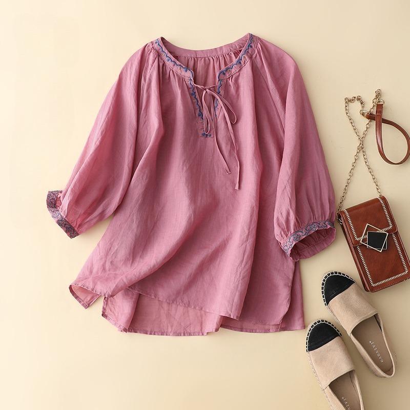 

New Embroidered V-neck Summer Women Blosue Short Sleeve Loose T-shirt Ladies Sweet Solid Color Lace-up Shirts Office Clothing 3XL рожевий