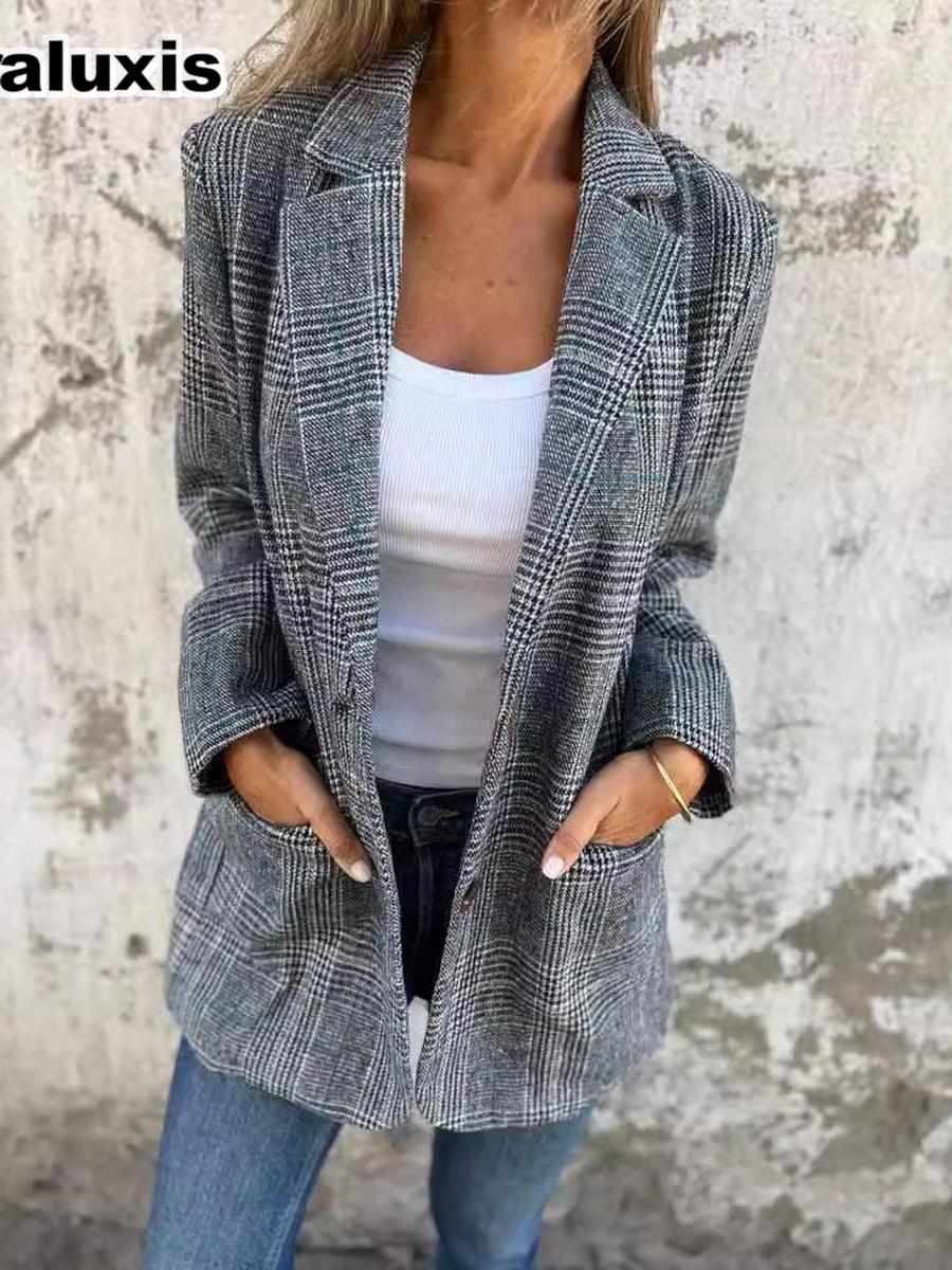 Herbst Winter Damen Lässig Vintage Karierter Daunen Blazer Jacke Vielseitig 4XL schwarz