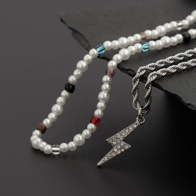 Bolt/Star Pendant Choker Layered Necklace Imitation Pearls Bead Neckchain for Women Girls Fashionable Jewelry Gift