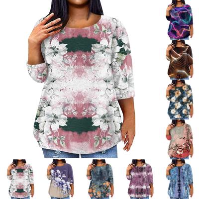 Top da donna alla moda casual a maniche a tre quarti stampato con scollo rotondo