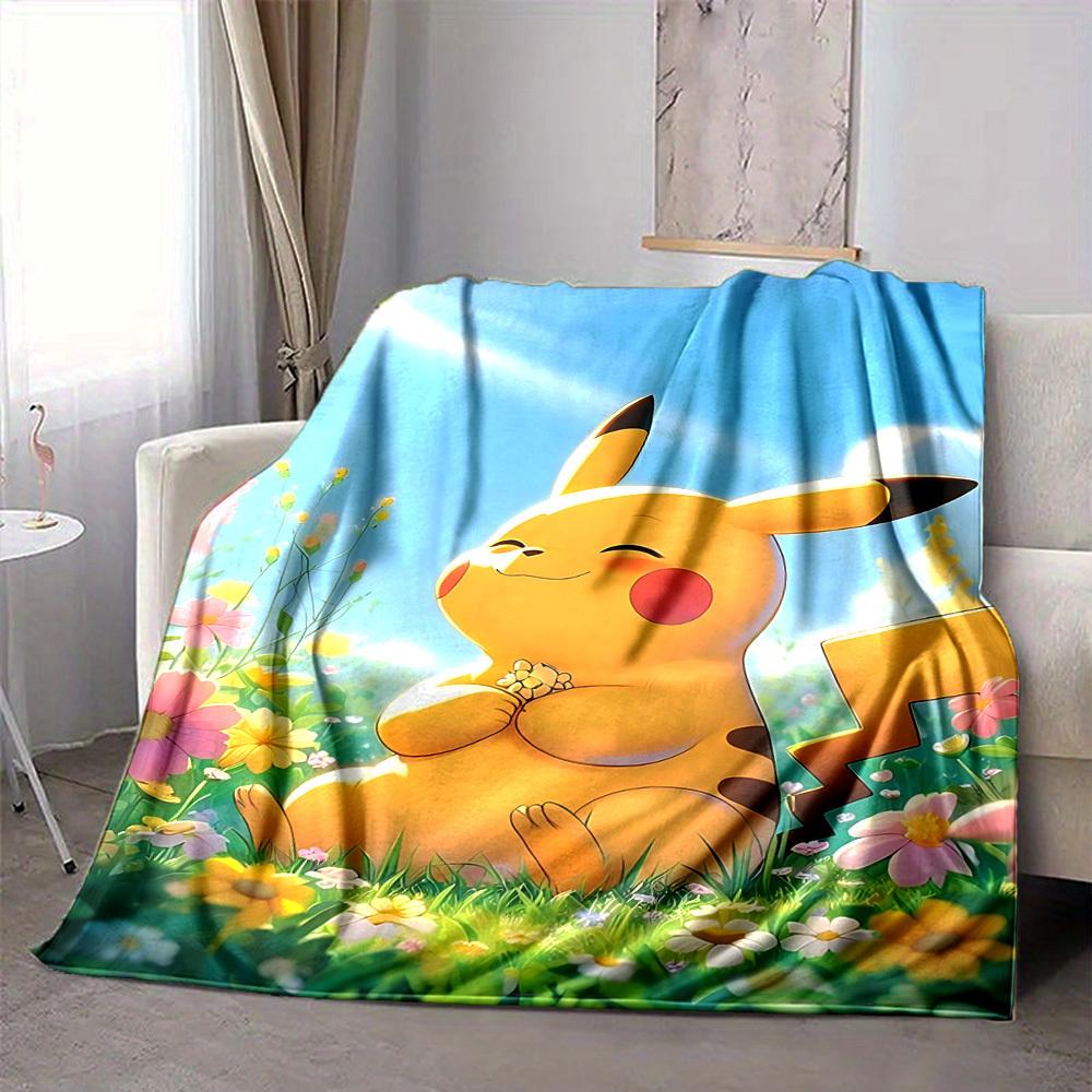 1pc Pikachu, Flowers Blanket Lightweight Flannel Blanket Throw Blanket For Sofa, Bed, Travel, Camping, Livingroom, Office, Couch