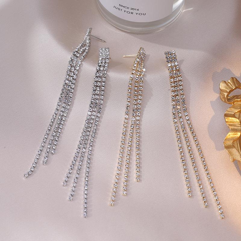 Simple Trendy Long Shiny Full Crystal Rhinestone Tassel Earrings For Women Drop Dangle Bridal Wedding Earrings Stud Jewelry Gift