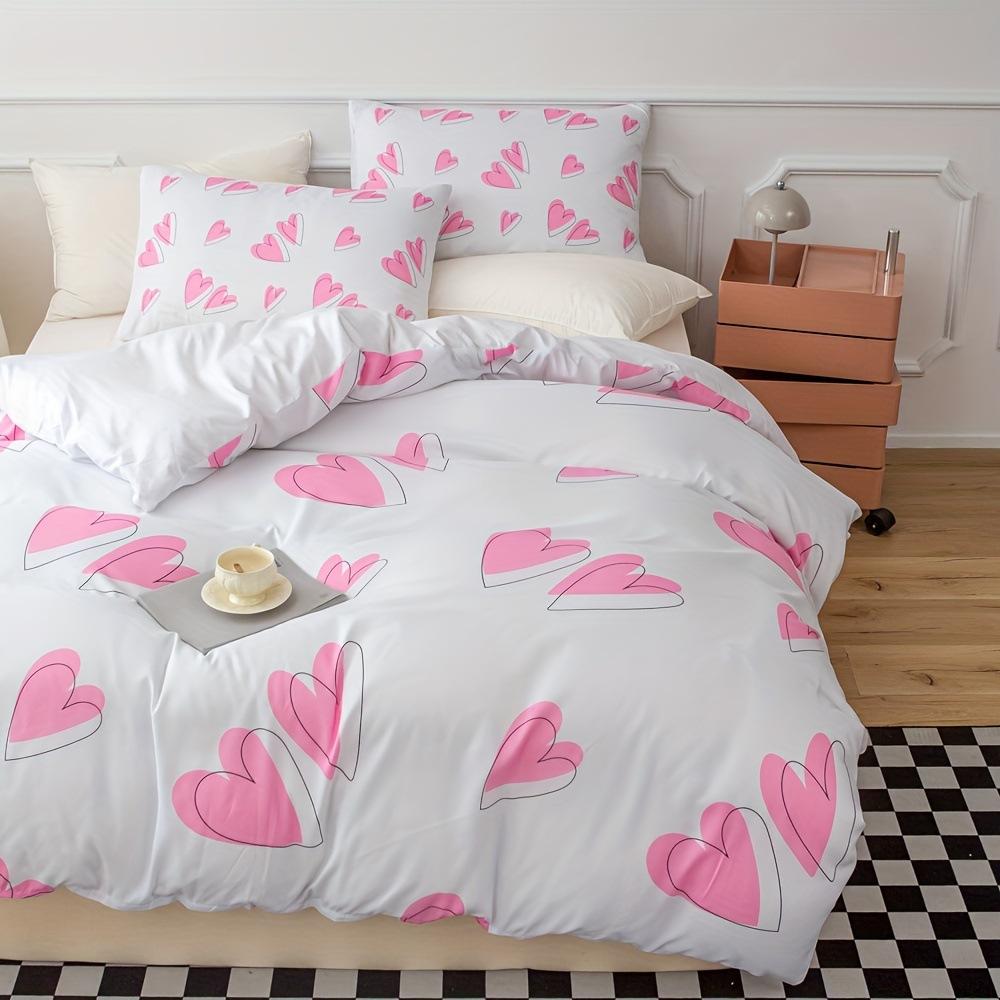 3 Pieces Bedding Set With Zipper Closure Red Heart Duvet Cover Queen Love Heart Pattern White Comforter Covers Set Cute Print