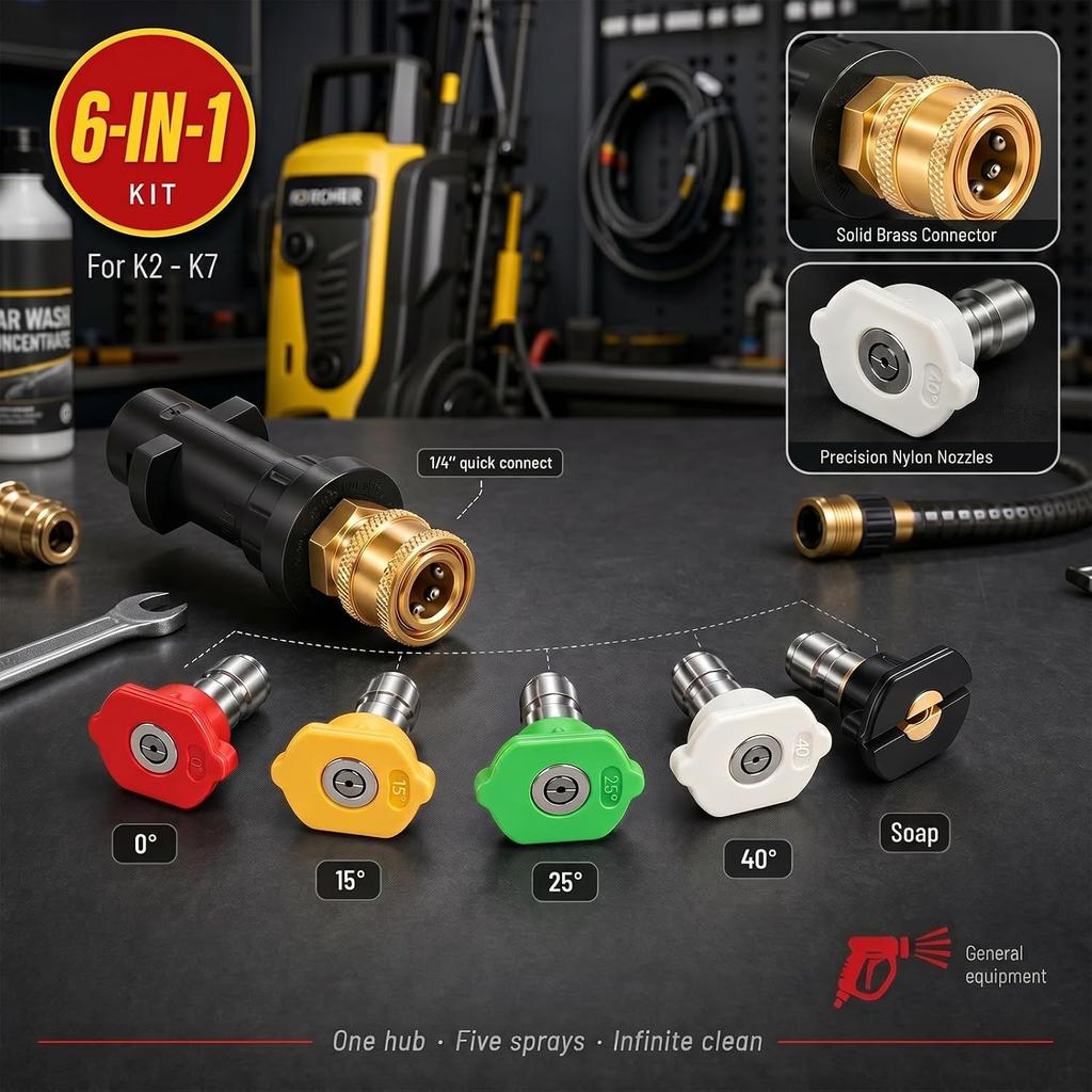 6 Pcs Pressure Washer Spray Nozzle Tips with Adapter for K2-K7, 1/4 Inch Quick Release Multi-Degree Connection Washers Nozzles Set for Car, Garden