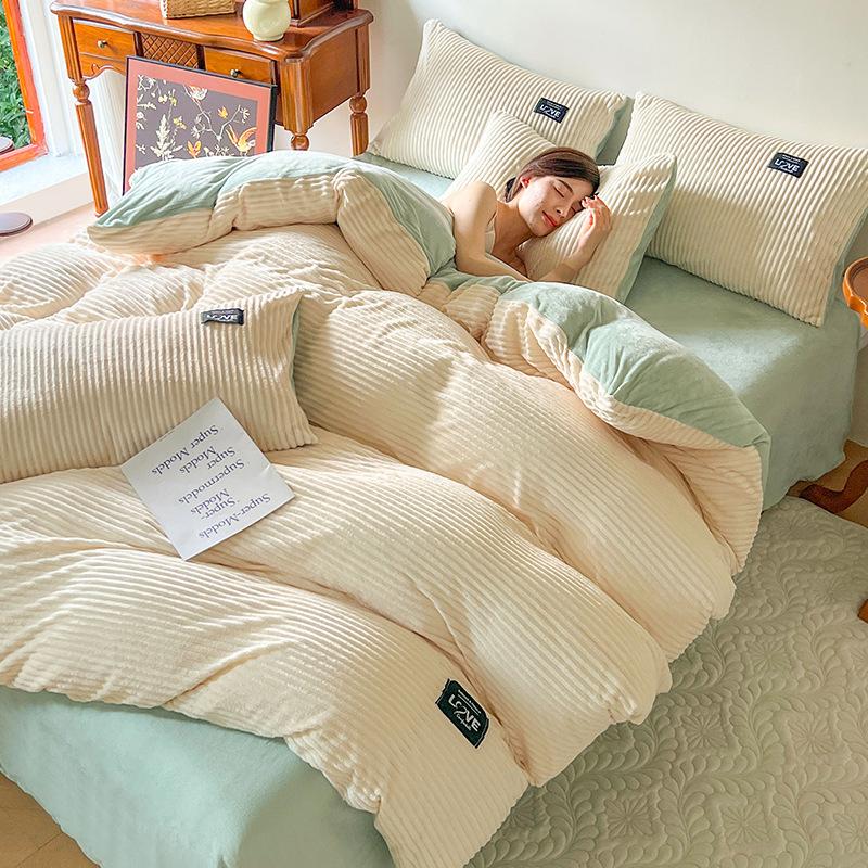 High Quality Milk Magic Velvet Winter Warm Thickened Double-sided Duvet Cover Coral Velvet Bed Hats Pillowcase Duvet Cover Four-piece Set