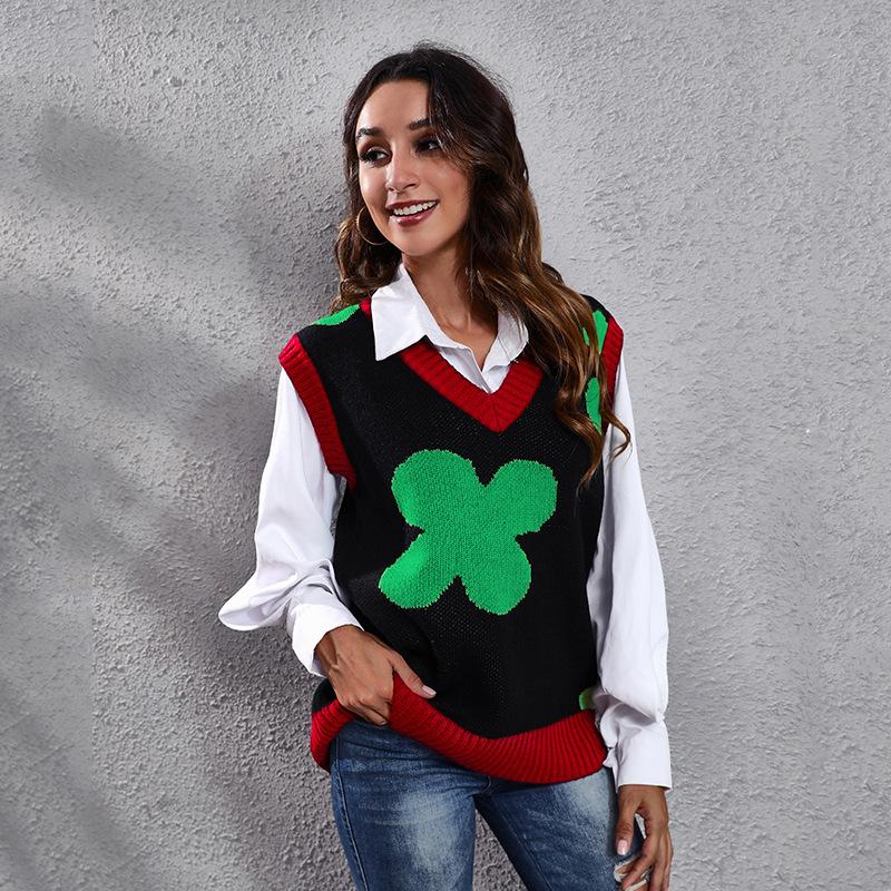 

GMXIA Женские модные повседневные вязаные жилеты без рукавов с v-образным вырезом и цветочным принтом на осень и зиму L чёрный