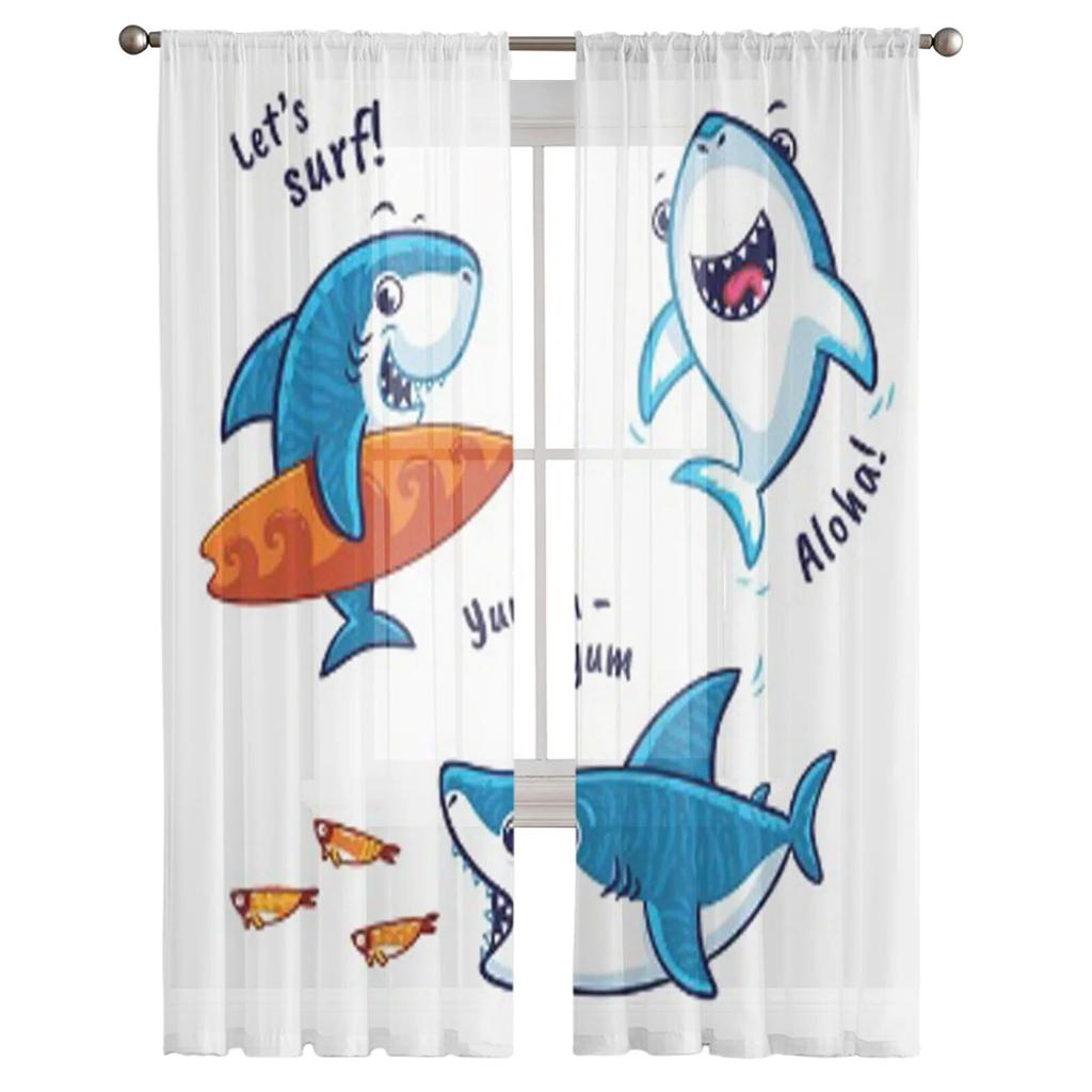 Blaue Hai-Cartoon-Tüllvorhänge für Wohnzimmerdekoration, moderne Schleier-Chiffon-Vorhänge, Schlafzimmer, transparente Vorhänge