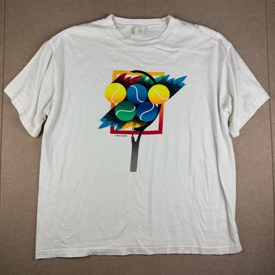 Vintage Koszulka z Graficznym Nadrukiem Tenisowym Peter Mussfeldt Męska XXL Biała Koszulka Sportowa Artystyczna Unisex