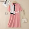 ZANZEA Women Casual Turn Down Collar Short Sleeve Patchwork Dress