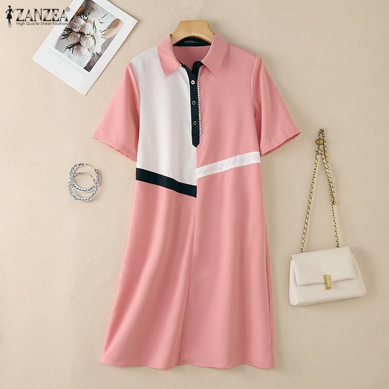 ZANZEA Women Casual Turn Down Collar Short Sleeve Patchwork Dress