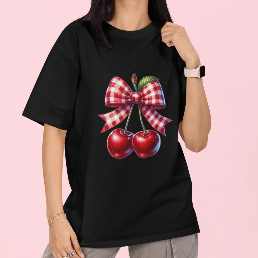 Cherry and Bow T-Shirt Vintage Style Cute Aesthetic Y2K Graphic Tee Casual Top