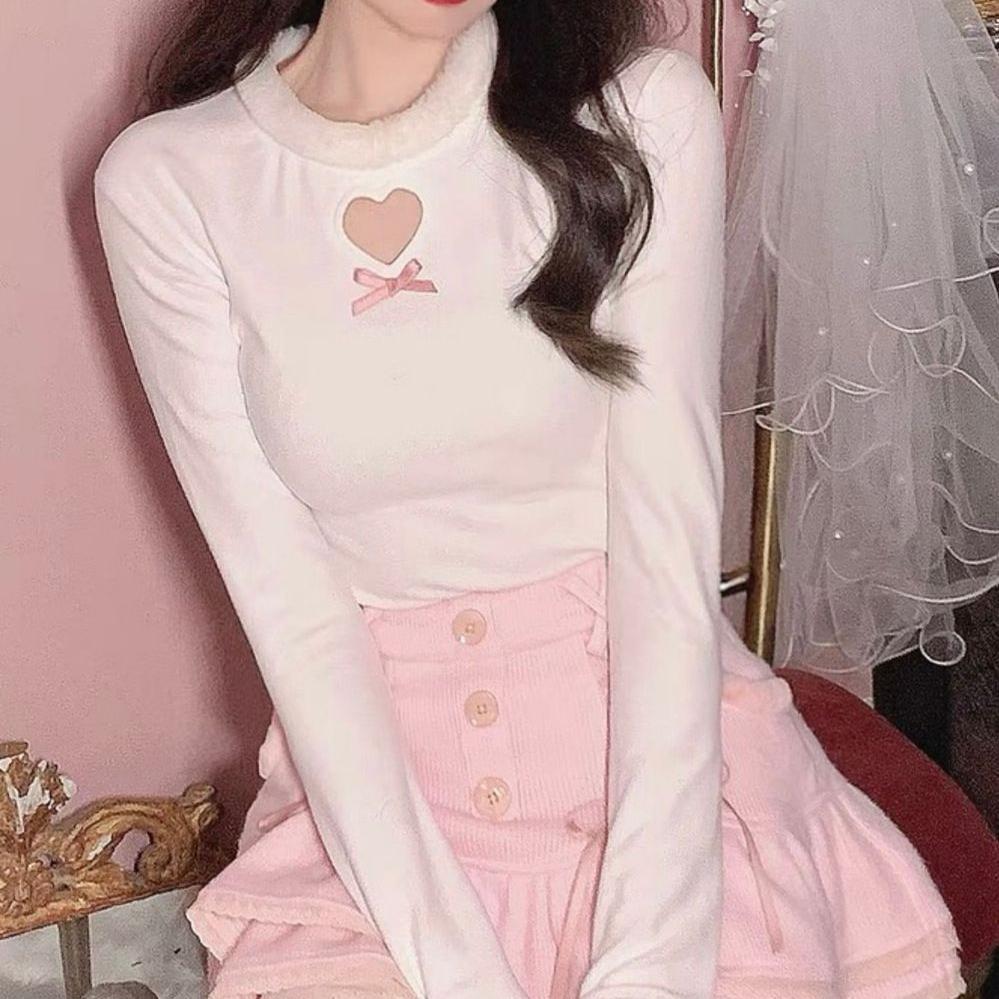VAYLA Y2k Estetická Trička s Výřezem Srdce, Ležérní s O-výstřihem, S Mašlí, Patchworková, Slim Trička Femme s Bufetovými Rukávy, Kawaii Sladké Harajuku Topy