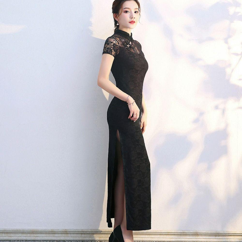 Retro Lace Cheongsam Slim Lace Traditional Qipao Wedding Dress Long Fork Cheongsam  New Year