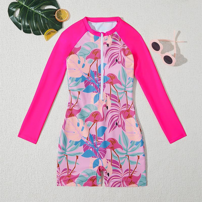 TS JYL-SW195 Printed Long Sleeve Kids Swimsuit, Cute Zip Up Swimwear For Girls S