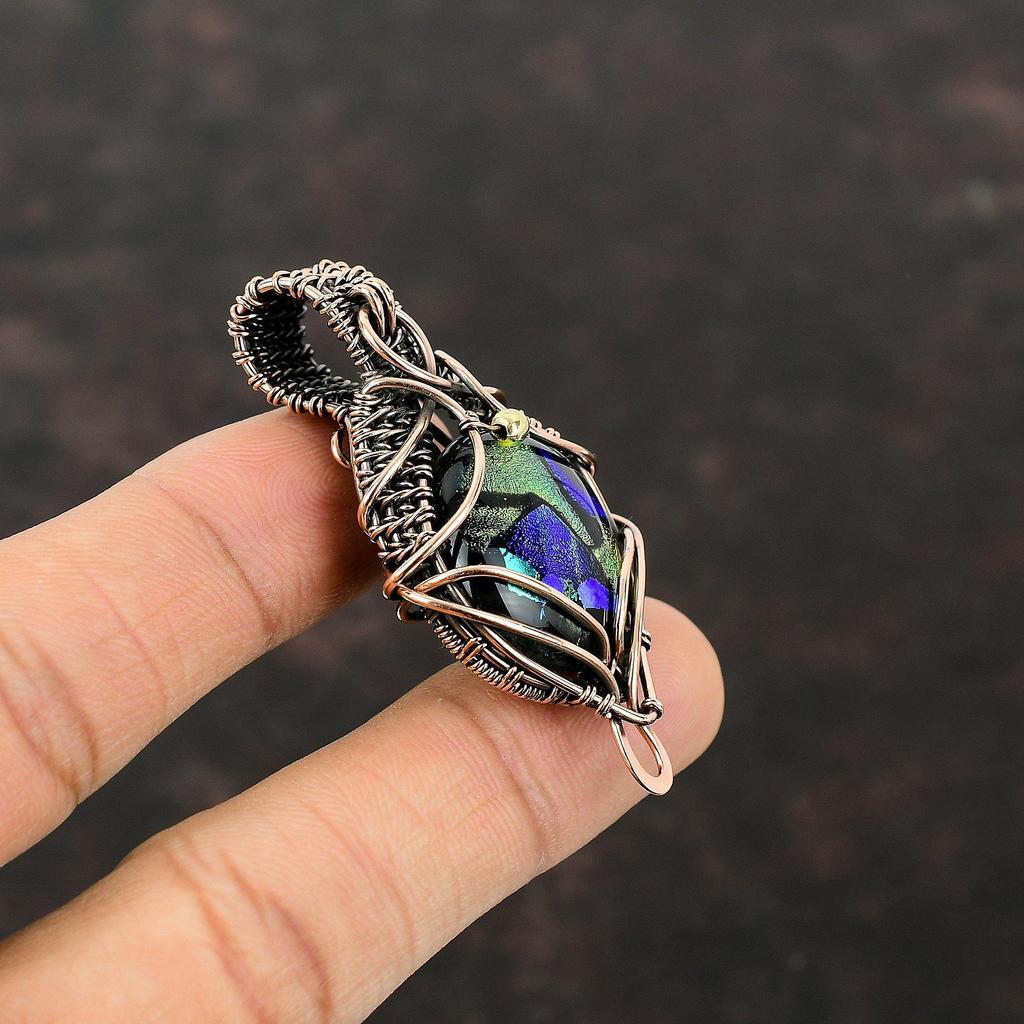 Amerikanischer Dichroitischer Glasanhänger Kupferdraht umwickelter Schmuck Edelsteinanhänger Handgefertigter Schmuck Kupferanhänger Geschenk für Ihn Drahtwickelanhänger