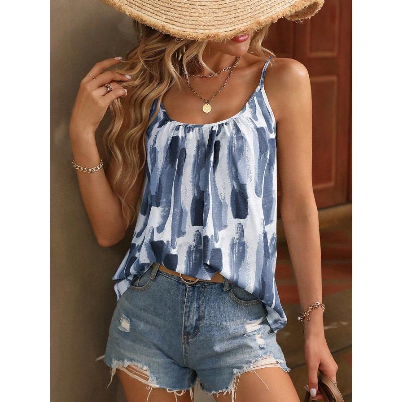Women Summer New Pink White Brushstroke Print Spaghetti Strap Casual Camisole