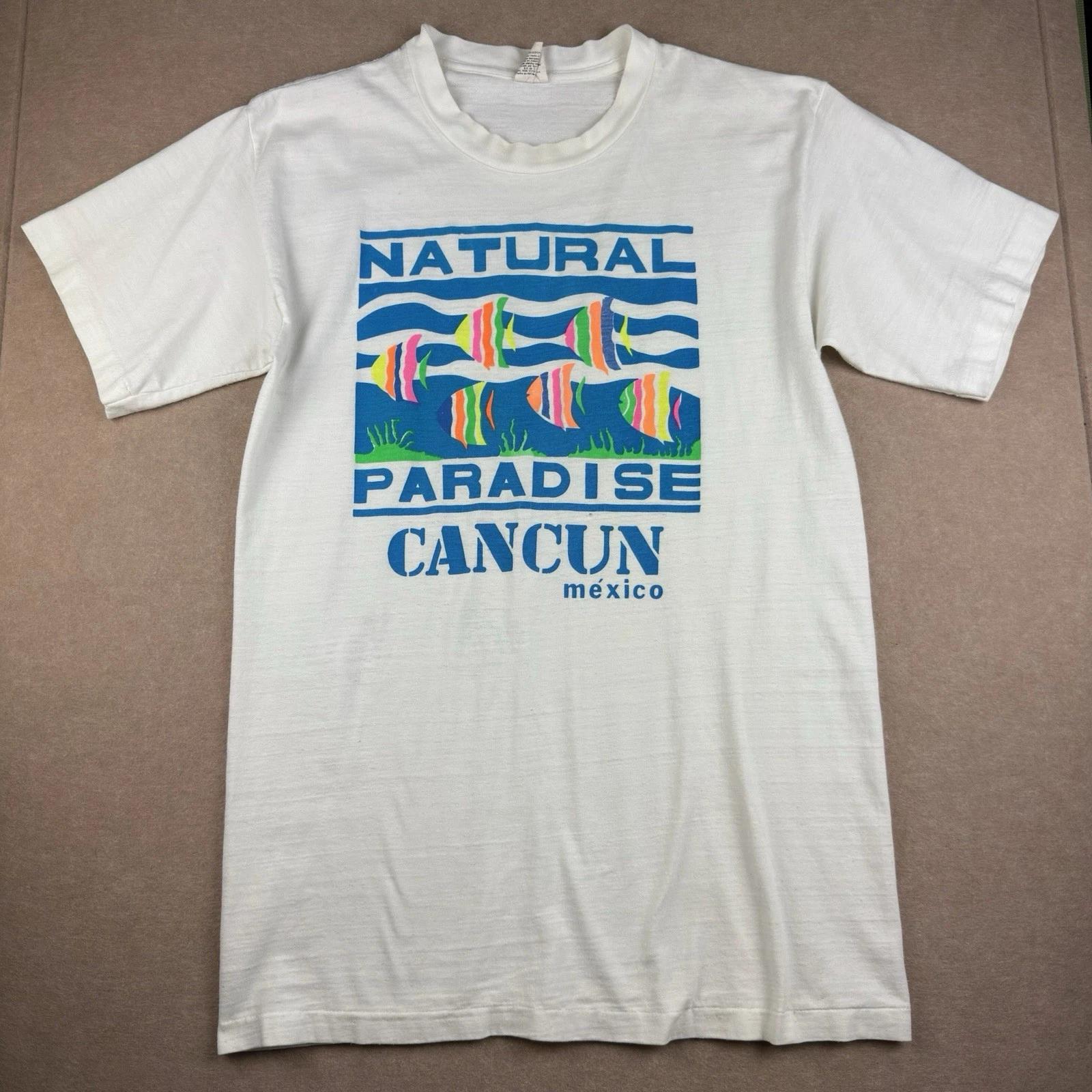 Vintage Cancun T-Shirt Men L White Natural Paradise Fish Nature Graphic Tee USA S