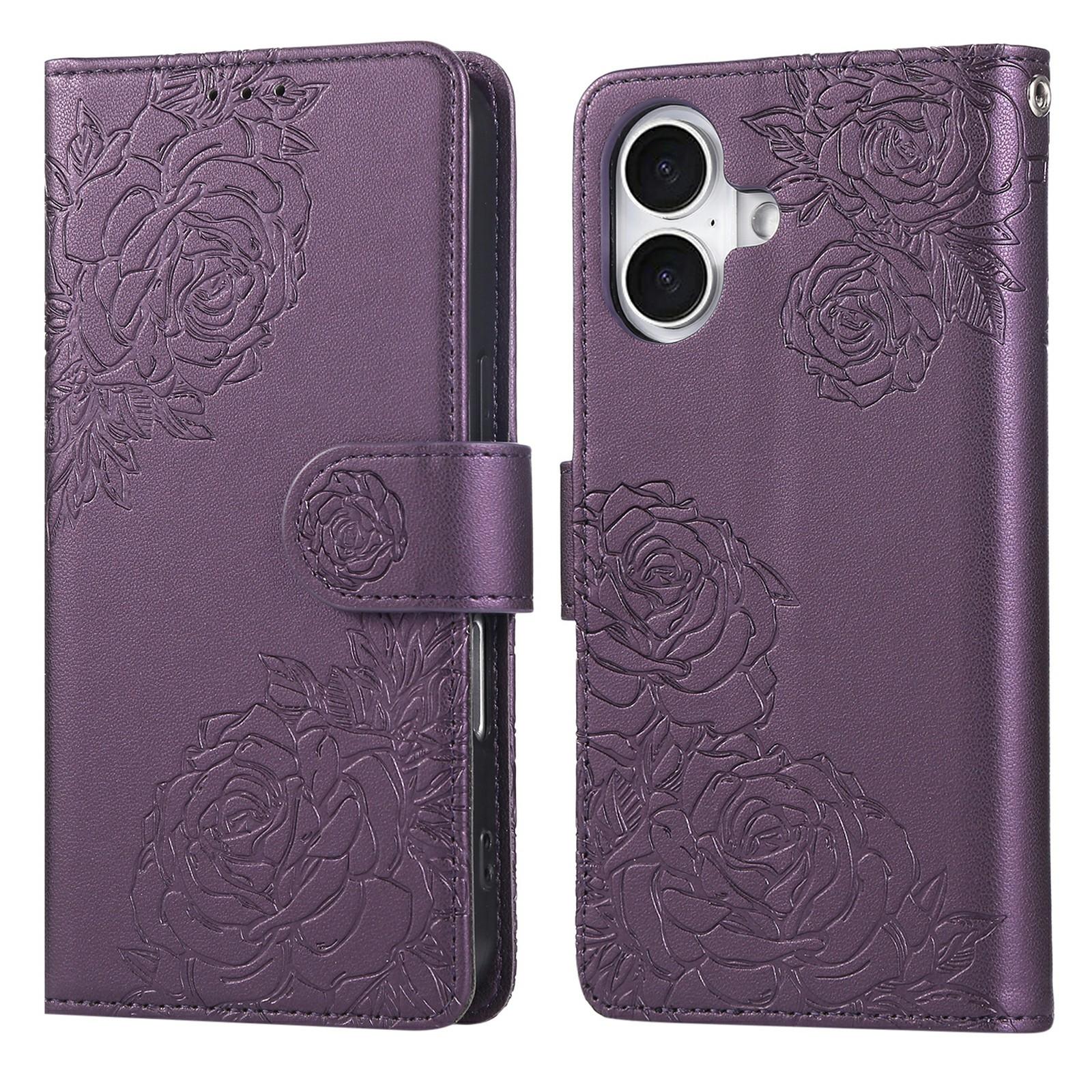 

For iPhone 16 Case Rose Flower PU Leather Wallet Phone Cover with 3 Card Slots Dark Purple