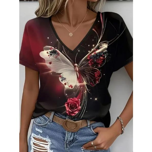 Summer V-neck Flower Pattern 3D Printed Top Fashionable Casual Short Sleeved Women's T-shirts