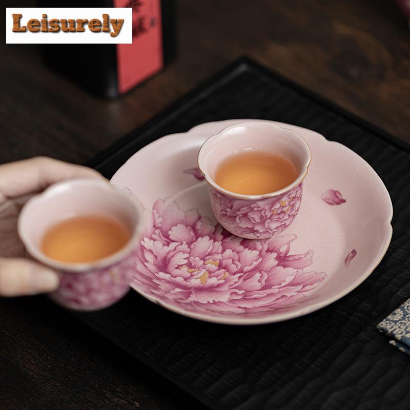 Pink Peony Flower Ru Kiln Porcelain Pot Bearing Holder Handmade Dry Brew Table Tea Tray Kung Fu Tea Chinese Tea Set Decoration