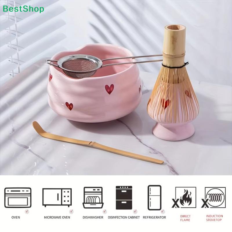 Pink Heart Matcha Whisk Set | Bamboo Chasen & Ceramic Bowl/Stand Kit for Matcha Preparation